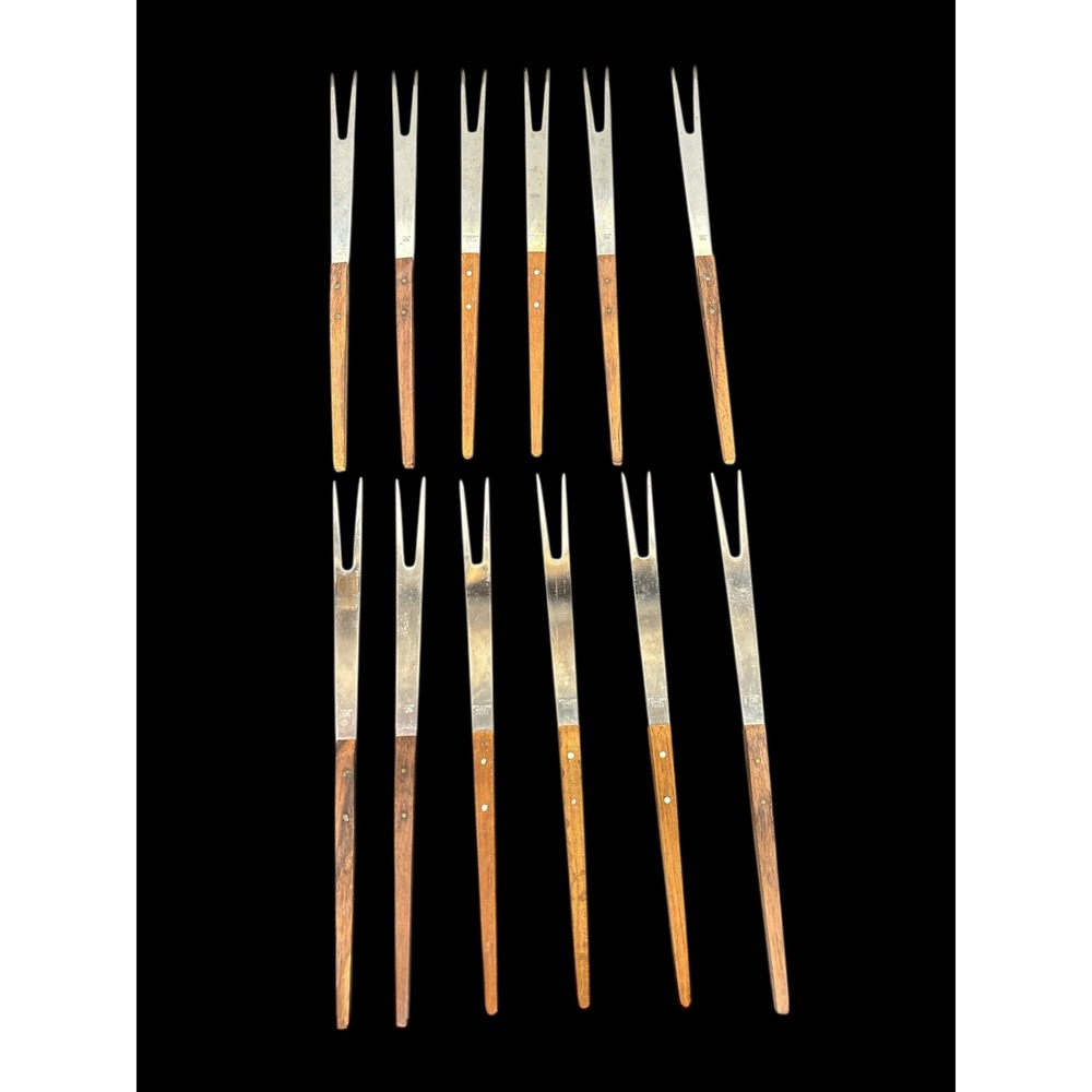 12 Vintage Stainless Steel Wood Handle Fondue‎ Forks Japan Retro 2 Tines